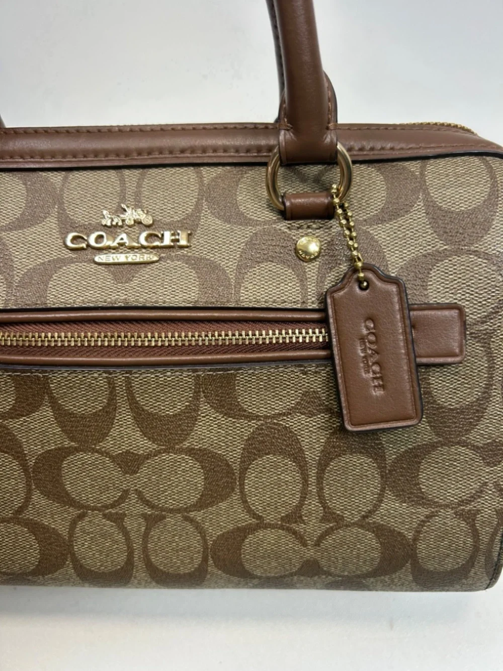 COACH Rowan Satchel in Khaki/Saddle Signature Coated Canvas Crossbody Strap